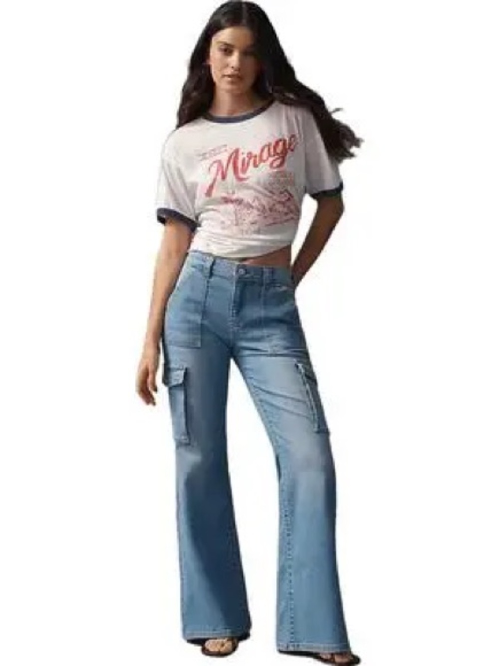 Pilcro Light Blue High-Rise Cargo Flare Jeans. Size 32 NWT